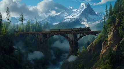 Fototapeta premium A train moves slowly across a rustic bridge, with lush forests and tall mountain peaks framing the landscape