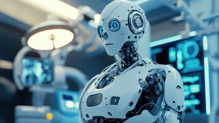 Fototapeta premium Doctor robot surgery room, robot assistant, future health care, operating room bot, generated ai