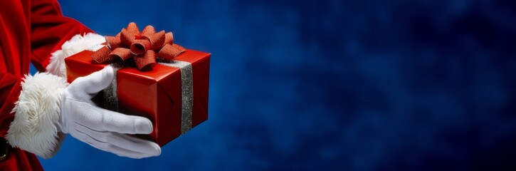 Santa Claus with a gift close-up. space for text, congratulations, advertising