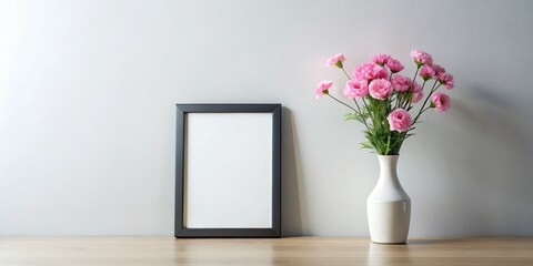 Elegance in Simplicity Minimalist Black Frame and Pink Flowers on White Wall - Serene Still Life for Design, Decor, and Artistic Concepts
