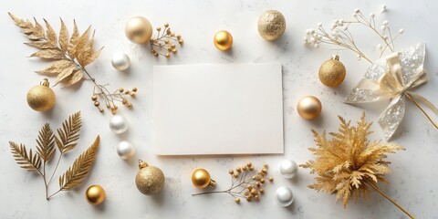 Elegant Festive Flat Lay with White Card, Gold Ornaments, and Dried Flowers on Minimalist Background - Luxurious Celebration Concept