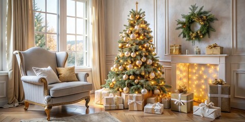 Festive Elegance Luxurious Christmas Tree in Classic Living Room Ambiance with Gold Accents and Cozy Atmosphere perfect for Holiday Celebrations and Home Decor Inspiration