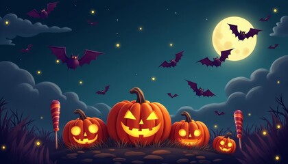 Fototapeta premium Spooky Halloween night with jackolanterns and bats under a full moon