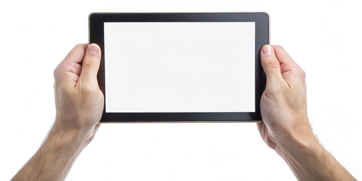 Futuristic Technology Mockup Close-up of Hands Holding Blank Tablet on White Background - Modern Minimalist Design for App Presentation and Website Mockups