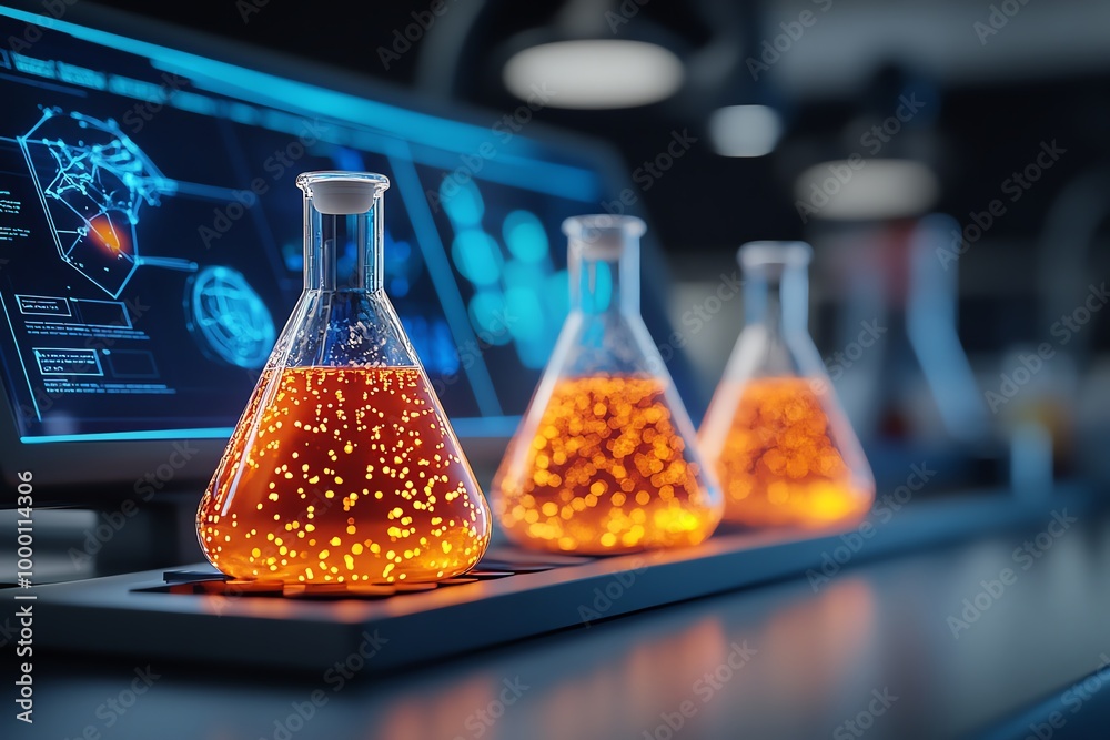 Poster Fantasy science lab with magical teaching materials, where beakers bubble with glowing liquid, and interactive charts change as students learn