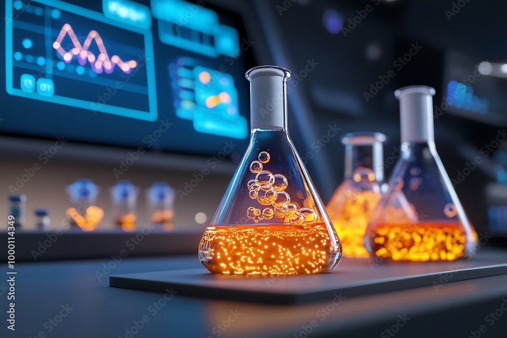 Poster Fantasy science lab with magical teaching materials, where beakers bubble with glowing liquid, and interactive charts change as students learn