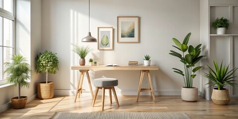 Serene Home Office Oasis Minimalist Workspace with Wooden Desk, Plants, and Natural Light Tranquil Work Environment Concept