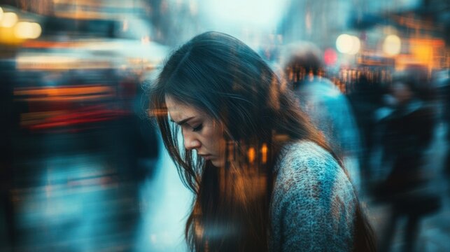 A woman experiencing a panic attack in a crowded city, standing alone while the world moves around her, symbolizing isolation and anxiety
