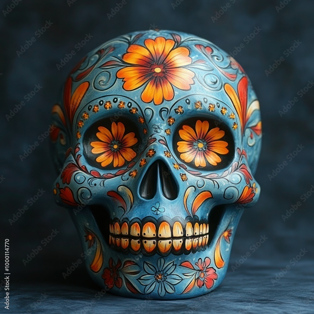 Wall mural day of the dead painted skull on dark background for el dia de muertos in mexico