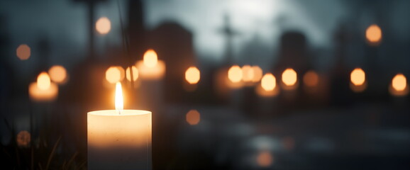 Solitary candle illuminating cemetery at dusk for All Souls' Day, atmospheric scene with blurred tombstones and glowing lights