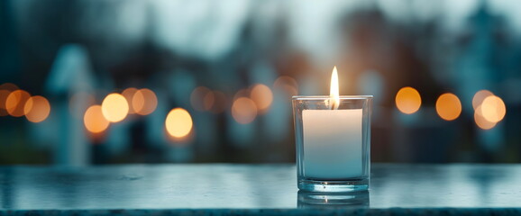 Glowing candle in glass holder for All Souls' Day remembrance, atmospheric evening scene with bokeh lights in background