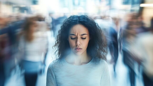 A woman in a public place, visibly distressed by a panic attack, surrounded by people but feeling completely alone