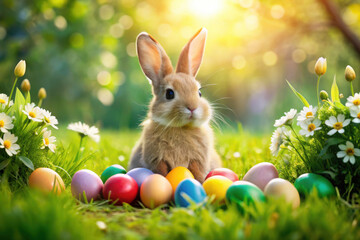 A playful bunny surrounded by colorful Easter eggs nestled among vibrant flowers in a sunlit garden on a cheerful spring day. Generative AI