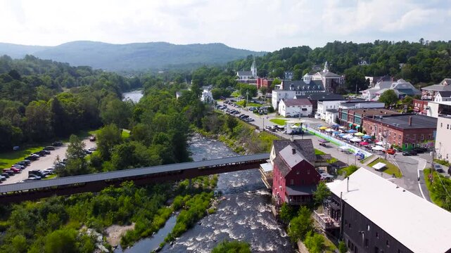 Littleton New Hampshire and the Ammonoosuc River. Aerial 4k Cinematic Video.