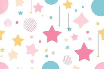 A colorful pattern of stars and balls on a white background