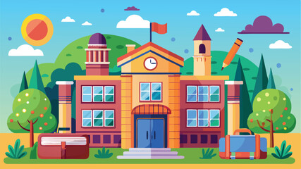 A cartoon vector of back to school illustration of an old European house on a hill, featuring classic architecture and a residential street view