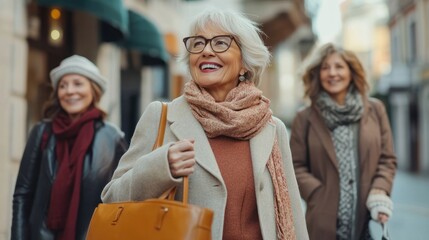 Happy 70 years old female multi-racial group walking with travel bag in the street of an european city. Senior people and mature travel.