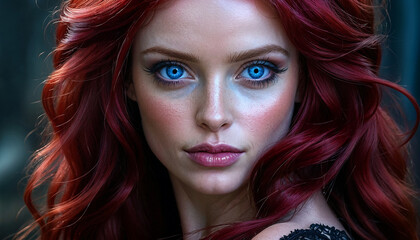 Fototapeta premium beautiful model face with blue eyes and ruby red hairs