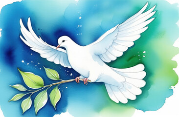 Obraz premium White dove with a twig soaring in the sky. A white dove of peace illustration.