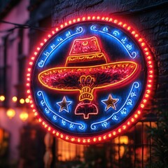 Cinco de Mayo Neon Sign: Bright Mexico Logo Emblem on Light Banner Signboard