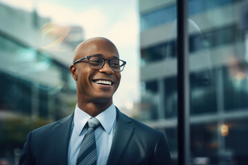 Fototapeta premium A welldressed man in a suit with a tie smiles in front of a building