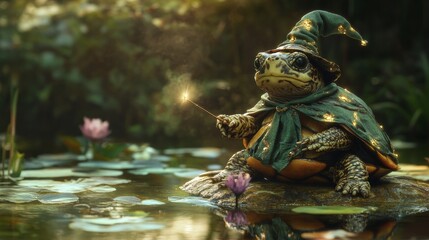 Fototapeta premium Wise Turtle Wizard Casting a Spell.