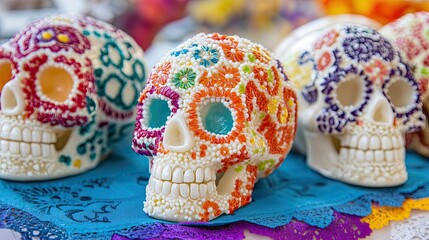 Colorful Sugar Skulls with Intricate Floral Designs for Day of the Dead Celebration