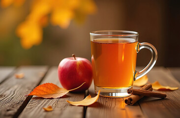 Hot apple cider with apples and cinnamon. Space for text.