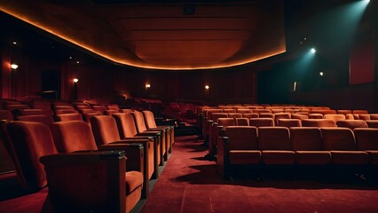 Empty Cinema Interior With Plush Red Seating and Subtle Lighting at Dusk
