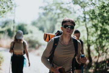 A group of friends hiking in a forest, carrying essential gear and enjoying the outdoor adventure...