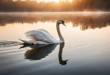 Obraz premium The swans gracefully swim on the lake at sunset.