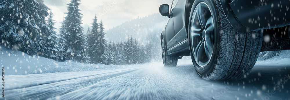 Wall mural a close-up of a car driving on a snowy road surrounded by a snow-covered forest, highlighting the ti