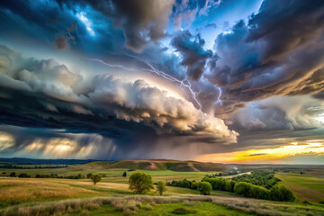 Dramatic thunderstorm over rolling hills at sunset with vibrant lightning illuminating the sky and lush landscape below. Generative AI