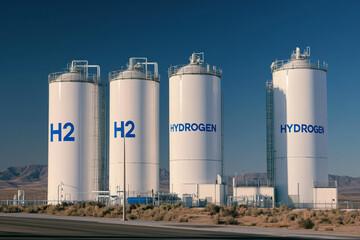 Obraz premium Large hydrogen storage tanks in an industrial facility, marked with H2 and Hydrogen against a clear sky. Hydrogen energy and storage concept