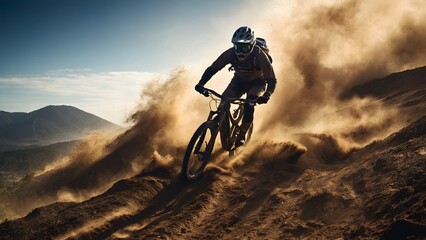 Naklejka premium Mountain Biker Navigating a Dusty Trail at Sunset in a Rugged Landscape