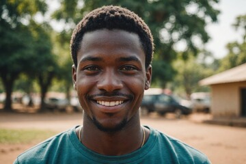 Close portrait of a smiling young Zambian man looking at the camera, Zambian outdoors blurred background