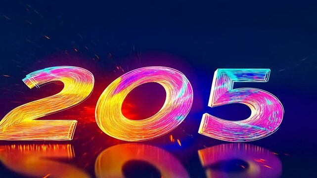 The number "205" glows vibrantly in neon colors on a dark background with dynamic light effects. The image exudes energy and excitement, suggesting a futuristic theme or event.