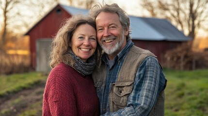Fototapeta premium Middle aged caucasian couple living on a farm in the countryside smiling portrait