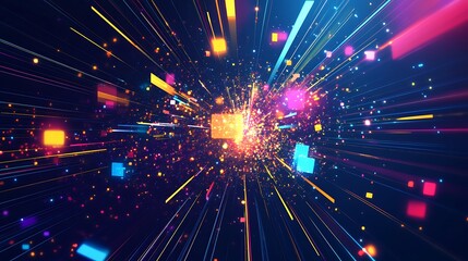 Naklejka premium Abstract colorful light streaks and particles radiating outward from a central point.