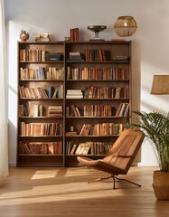 Fototapeta premium bookcase full of books and reading room and armchair 