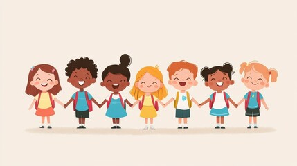 An illustration of school children gathered together, smiling and holding hands, symbolizing unity and togetherness in education