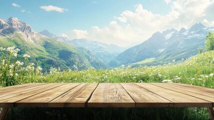 mountain green field landscape background and wooden empty dais table top for hiking tourism, camping equipment, travel tour trip in outdoor nature, eco friendly, product display mockup and copy spac