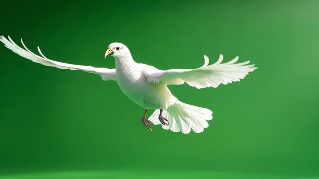 Beautiful white dove is flapping its wings while being filmed on a green screen. This footage is perfect for video editing and special effects