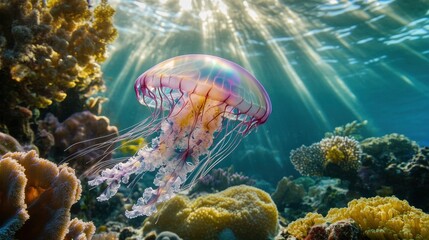 An iridescent jellyfish drifts peacefully near a coral reef, its translucent body glowing with radiant colors.