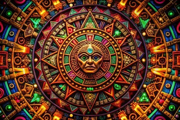 Intricate Golden Aztec Pattern with Geometric Designs and Ancient Symbols for Decorative Use