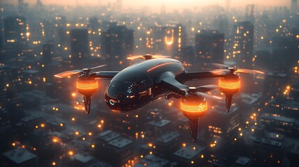 A drone or unmanned aerial vehicle hovers above a busy metropolis in the future, perfect for advertisements, films, business presentations to highlight the cutting-edge and future smart city concept.
