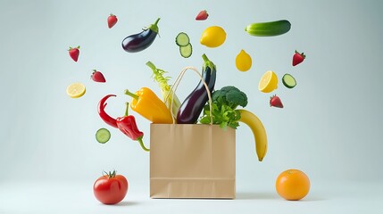 Fresh fruits and vegetables flying out of paper bag on white background.