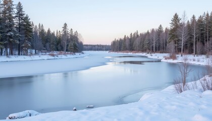  Winter serenity  A frozen river in a snowy forest