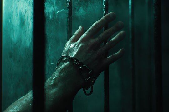 digital art , close-up of a hand in a police handcuff, gripping the bars of a prison cell