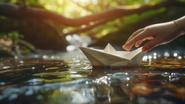 A hand releasing a paper boat into a stream, symbolizing the letting go of dreams or wishes that are carried away by the currents of life.
